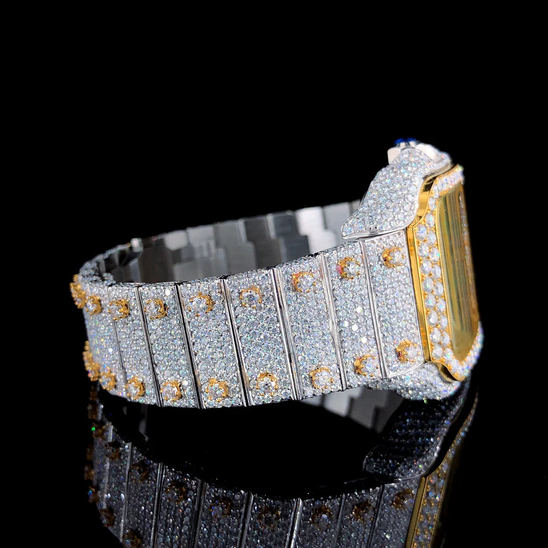 Lux Watches Cartier green Arabic dial timepiece diamond encrusted two tone gold and silver bracelet