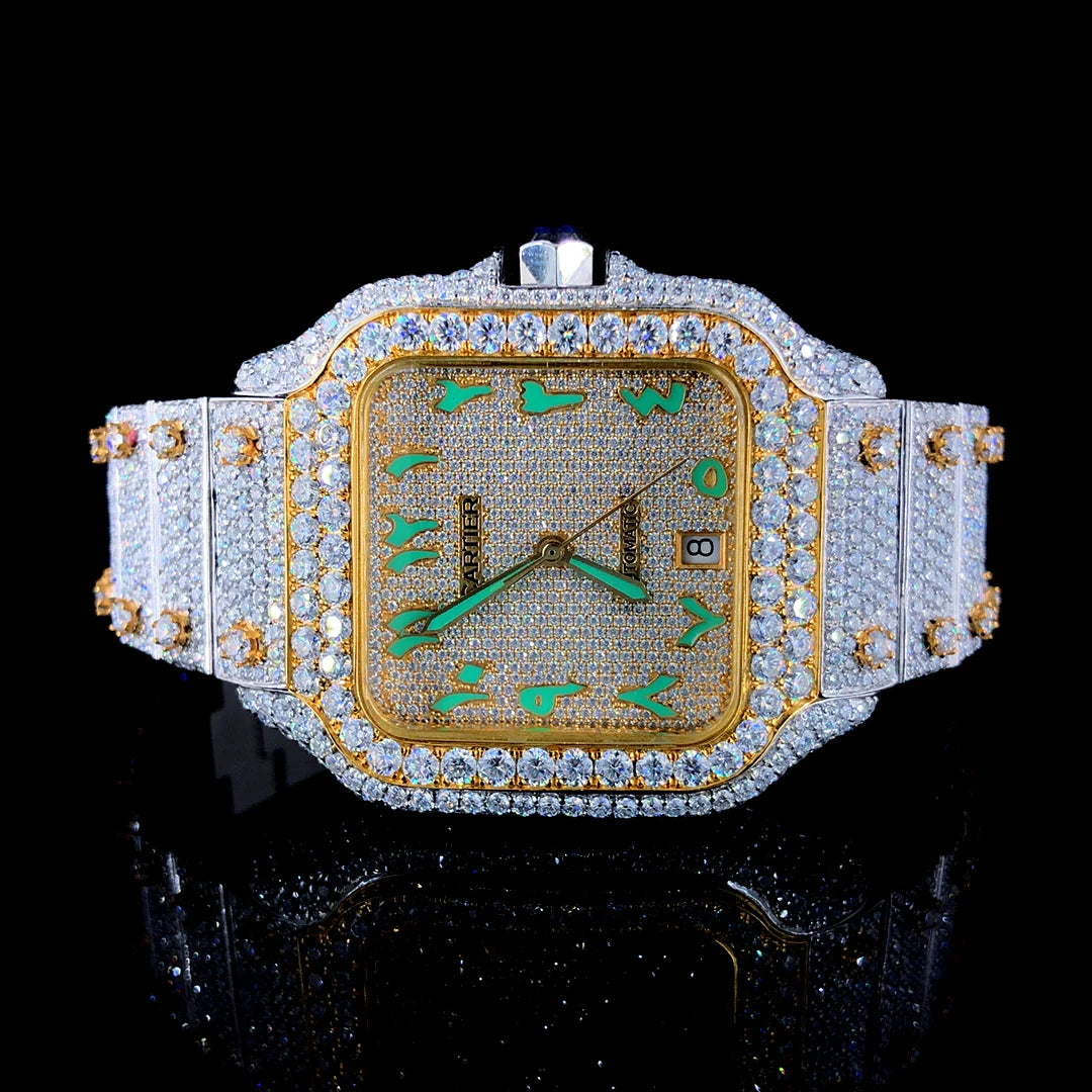 Lux Watches Cartier green Arabic dial timepiece diamond pave gold square case with green Arabic numerals and date window