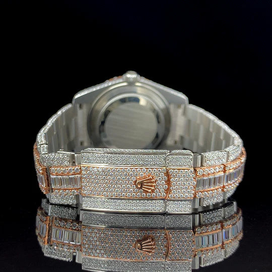 Lux Watches iced two tone Rolex baguette diamond watch with pave and rose gold accents