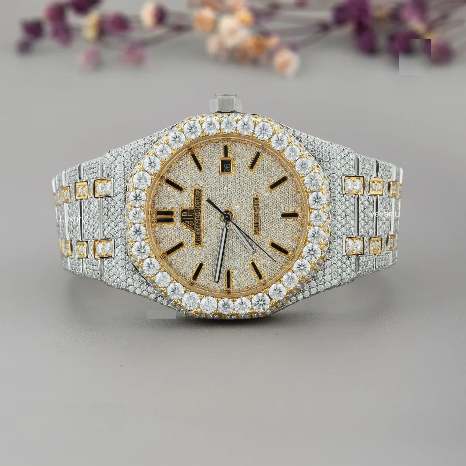 Lux Watches diamond pave gold and silver luxury watch jewelry with round diamond bezel and bracelet