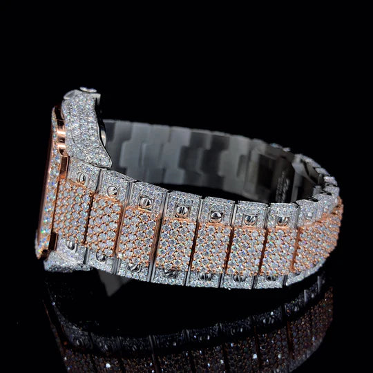 Lux Watches Cartier diamond bustdown watch two tone rose and white gold pave diamond bracelet close up