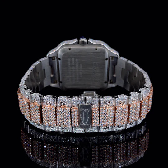 Lux Watches Cartier diamond bustdown watch with two tone rose gold pave diamond bracelet and square case back