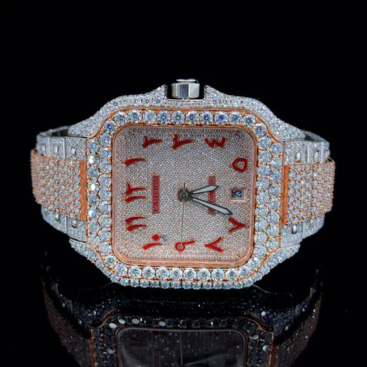 Lux Watches Cartier diamond bustdown watch two tone rose gold and white diamond encrusted square dial Arabic numerals