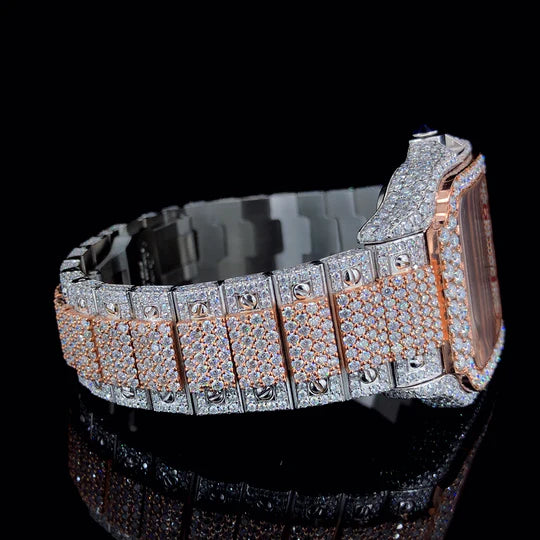 Lux Watches Cartier diamond bustdown watch rose gold and silver fully iced bracelet side view
