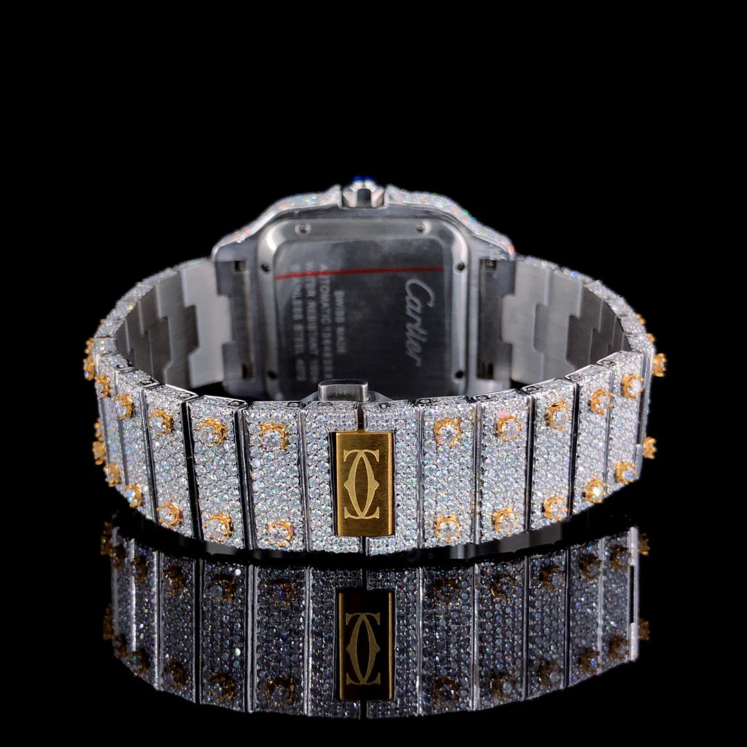 Lux Watches Cartier green Arabic dial timepiece with diamond encrusted bracelet and gold accents back view