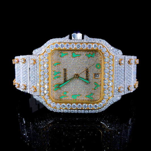 Lux Watches Cartier green Arabic dial timepiece diamond pave gold square case with green Arabic numerals and date window