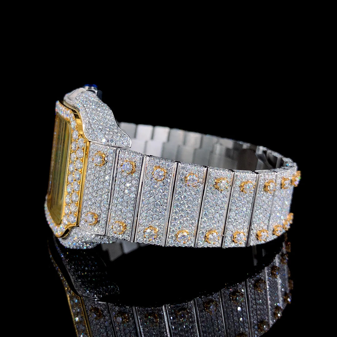 Lux Watches diamond pave bracelet watch with gold bezel and Cartier green Arabic dial timepiece