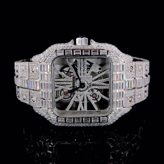 Cartier Skeleton Watch Silver Baguette Diamond - Lux Watches