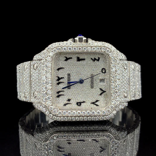 Lux Watches diamond pave square case watch with blue hands and sapphire crown luxury Cartier watch for sale