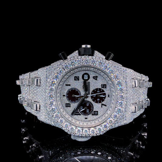 Lux Watches Audemars Piguet iced out watch fully diamond encrusted chronograph with silver bracelet