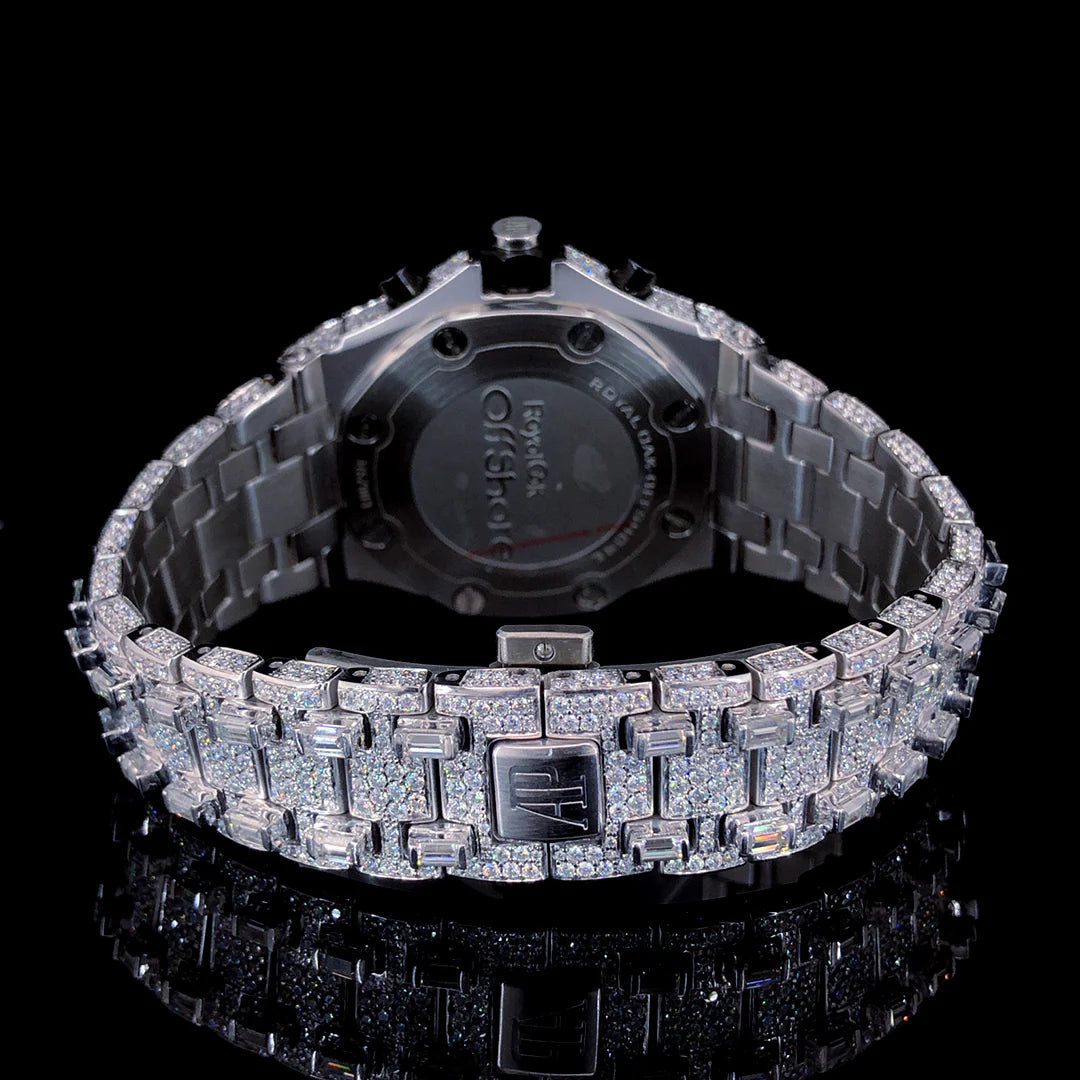 Lux Watches Audemars Piguet iced out watch diamond encrusted bracelet and caseback close up