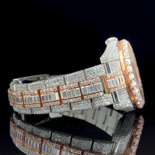 Lux Watches Rolex baguette diamond watch in rose gold and stainless steel bracelet with pave diamonds