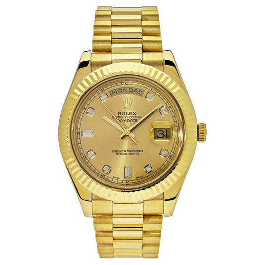 Lux Watches gold Rolex Day Date 41 for sale with champagne dial diamond hour markers and President bracelet