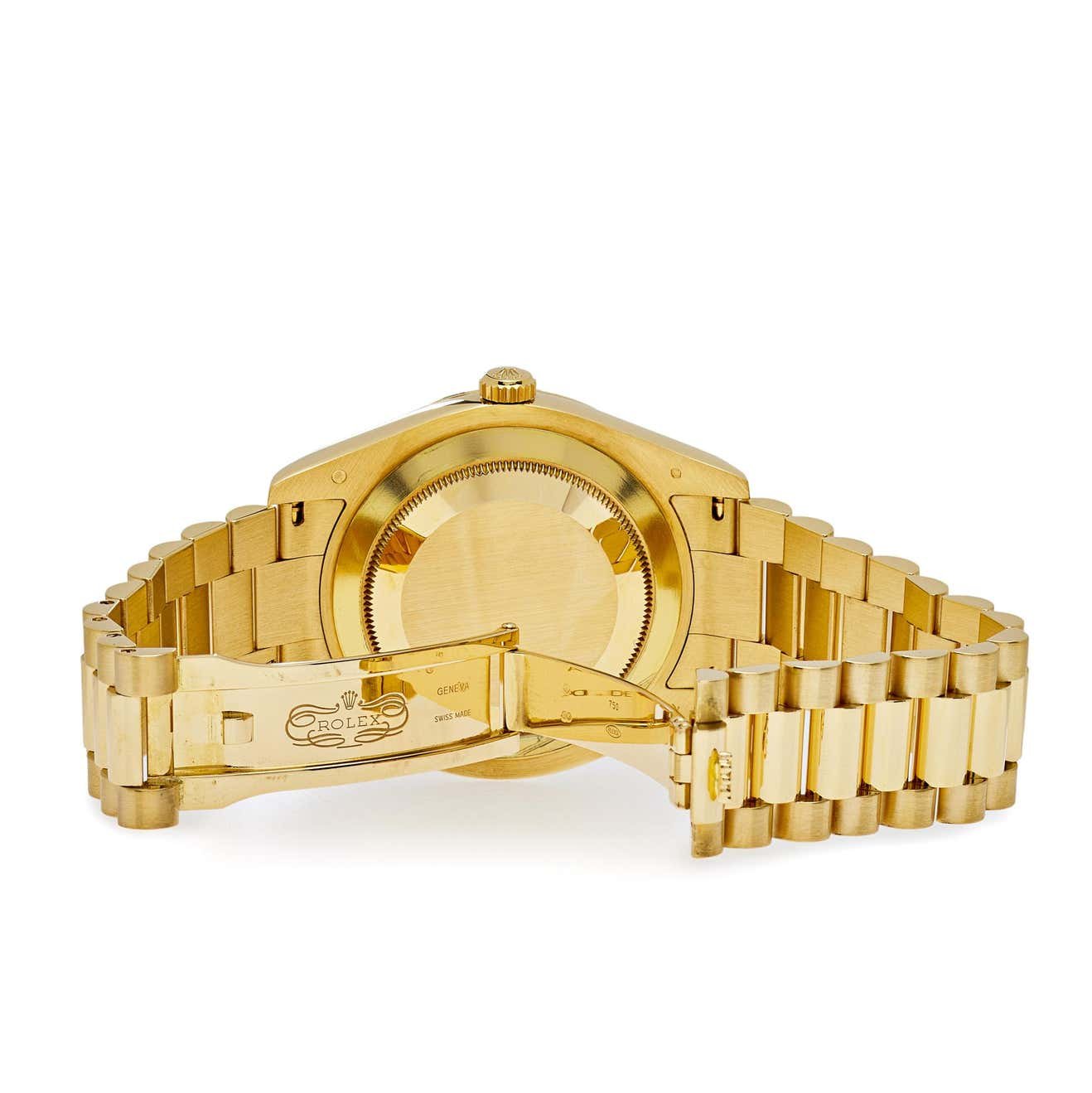 Lux Watches Rolex Day Date 41 for sale gold watch back view with open clasp and President bracelet