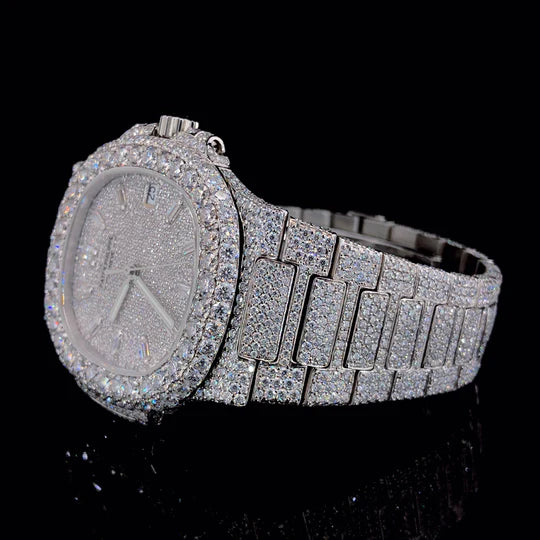 Lux Watches Patek Philippe iced out watch diamond encrusted white gold bracelet on black background