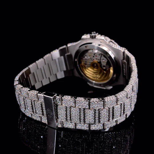 Lux Watches Patek Philippe iced out watch with diamond encrusted bracelet and visible gold rotor caseback