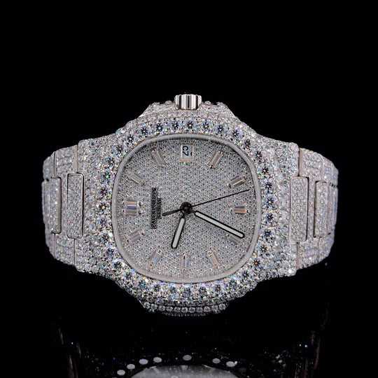 Lux Watches Patek Philippe iced out watch fully diamond encrusted silver Nautilus style luxury timepiece