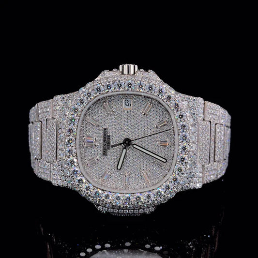 Lux Watches Patek Philippe iced out watch fully diamond encrusted silver Nautilus style luxury timepiece